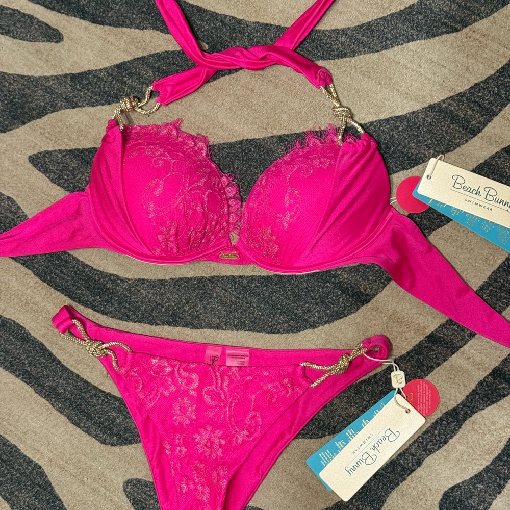 Beach Bunny Hot Pink Lace Halter Bikini with Rhinestone Chain Accents